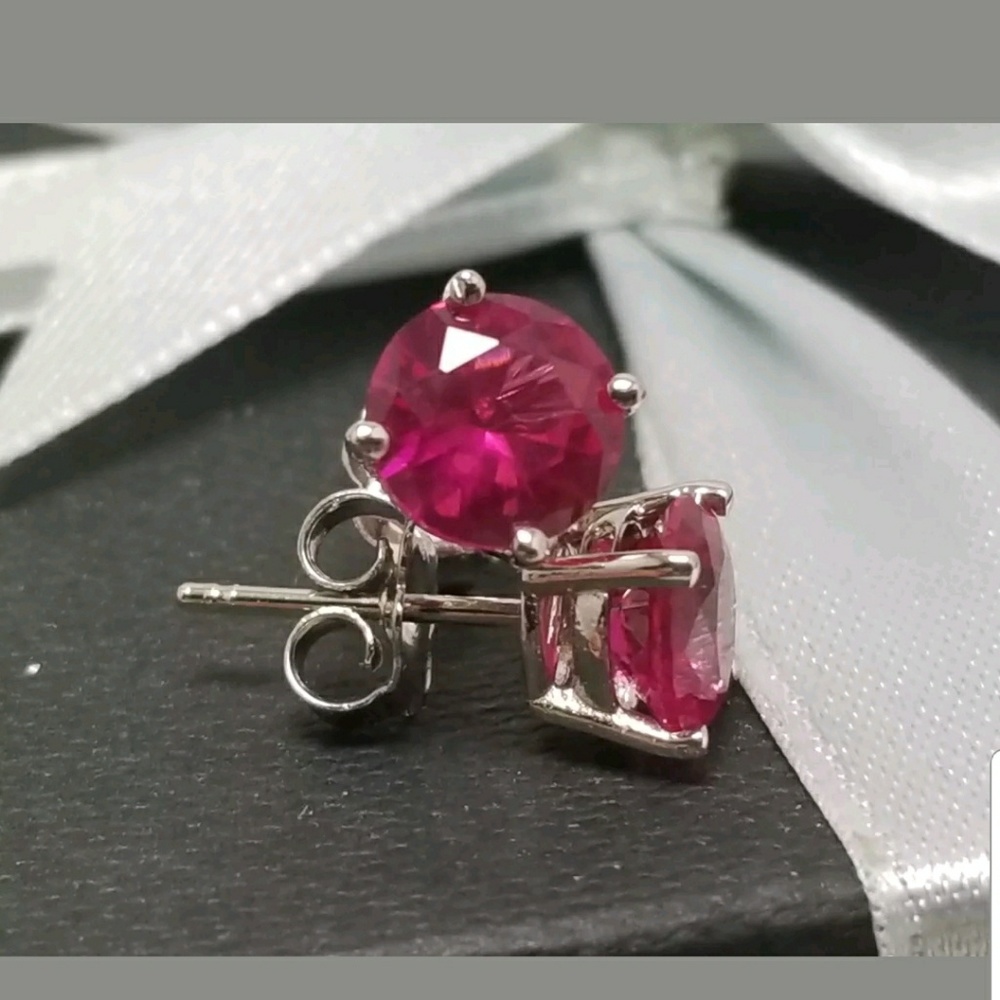 Solid 14 k white gold earrings,synthetic ruby
